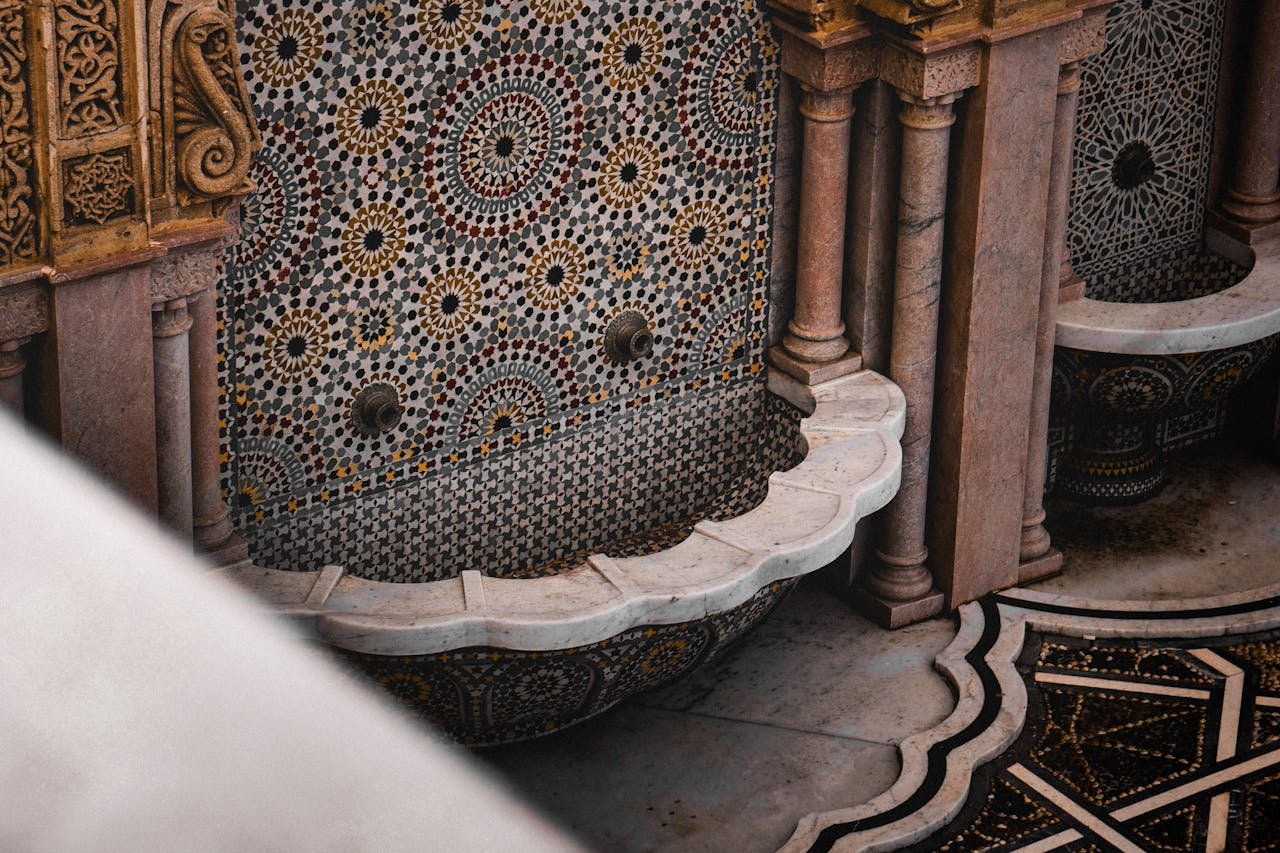 Elegant mosaic fountain with intricate geometric patterns in Rabat, Morocco, showcasing Moroccan craftsmanship.